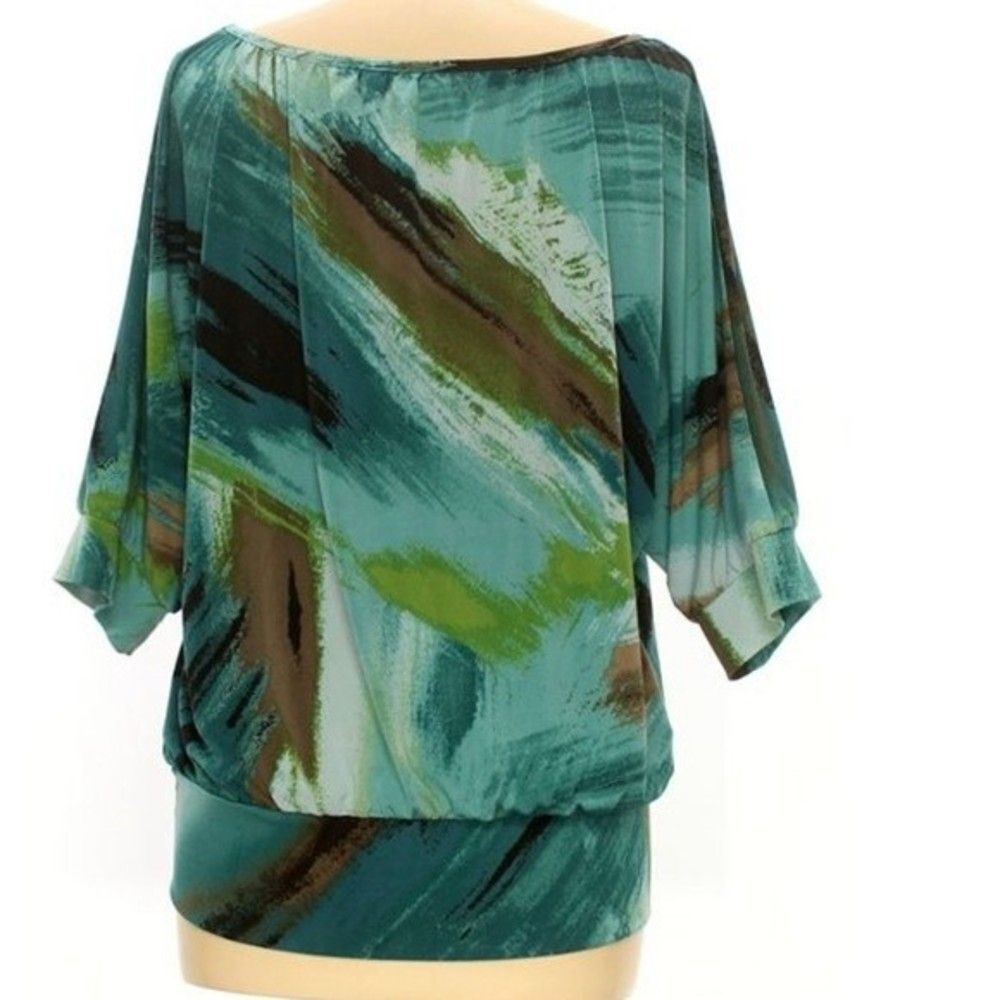 5/$25 Apt 9 Green Brown Teal Short Sleeve Stretch Blouse M - Picture 9 of 9